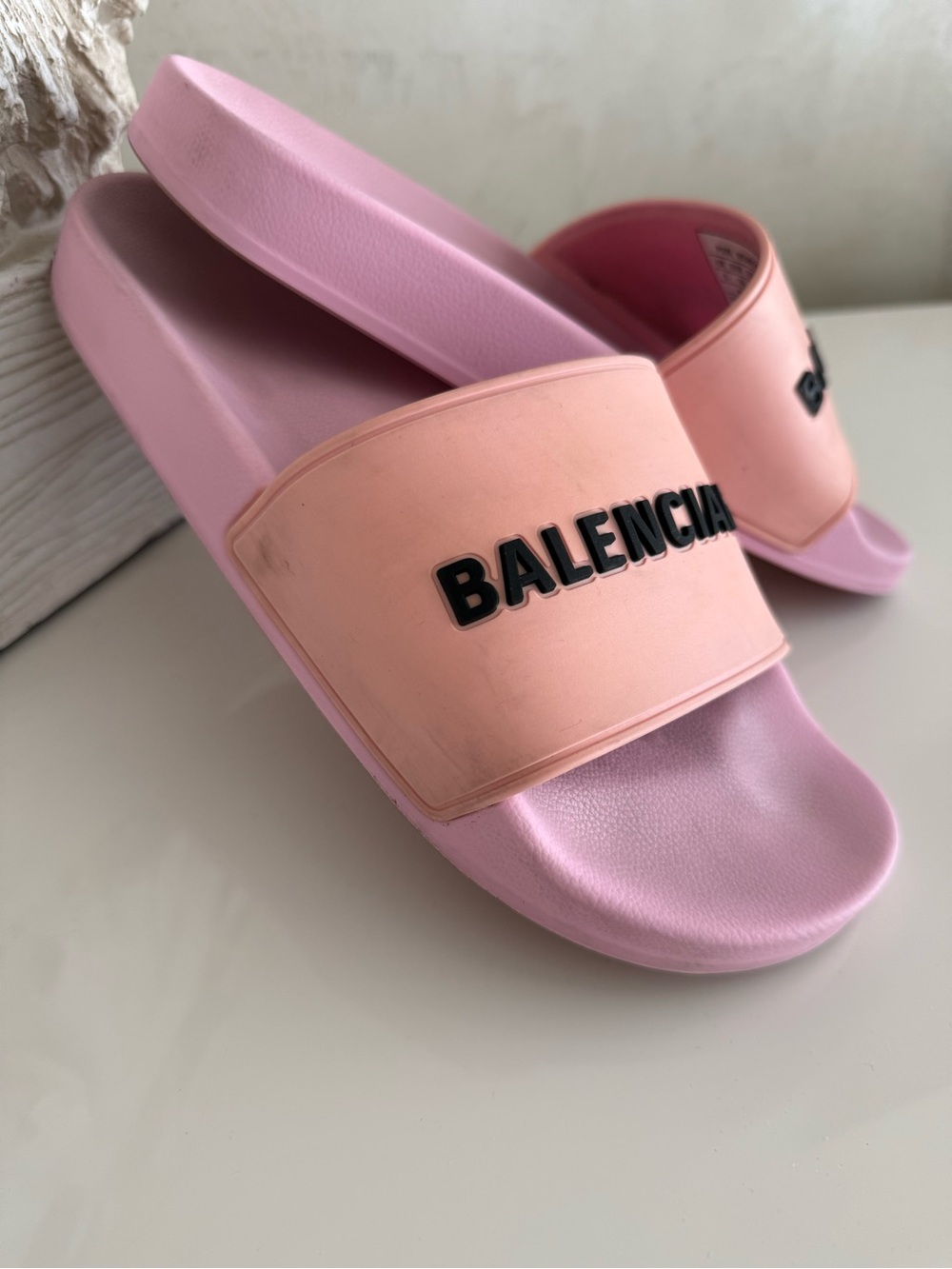 Balenciaga Peach Strap Pink Footbed Logo Slides - Picture 2 of 4